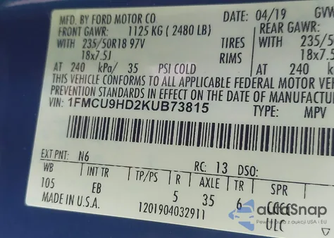 2019 Ford Escape Sel z USA, uszkodzony, nr VIN 1FMCU9HD2KUB73815